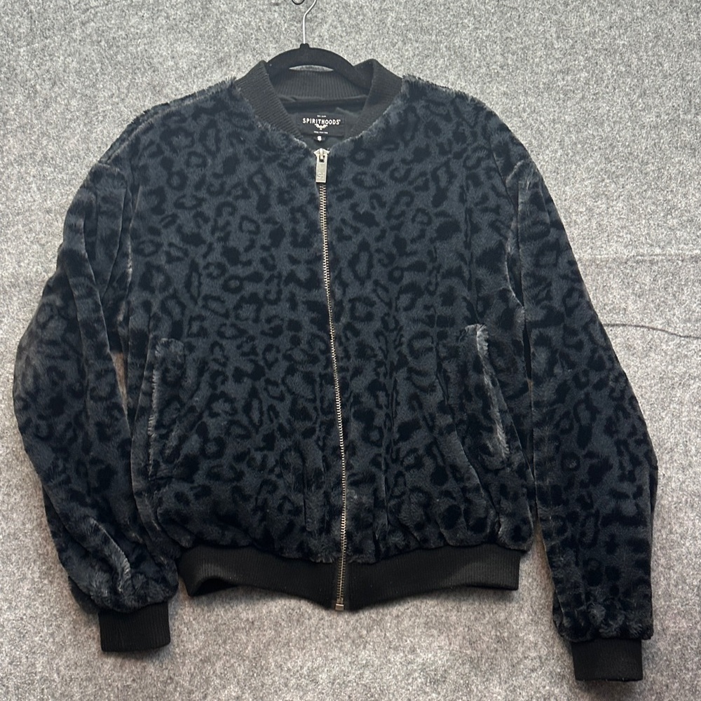 SpiritHoods Midnight Faux Fur Leopard Bomber Jacket Cropped Size Small
